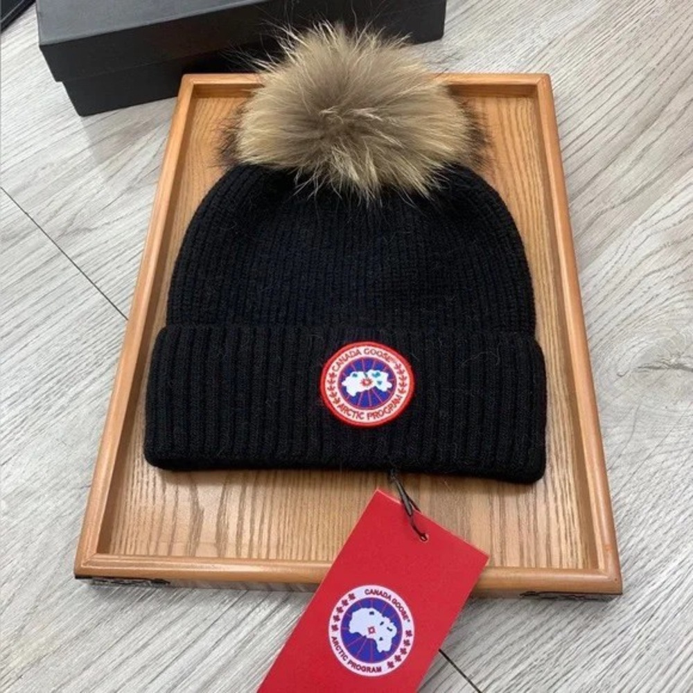 Canada Goose Black Hat with Brown Pom-Pom